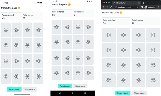 Screenshots of match the pair on iOS, Android, and the web