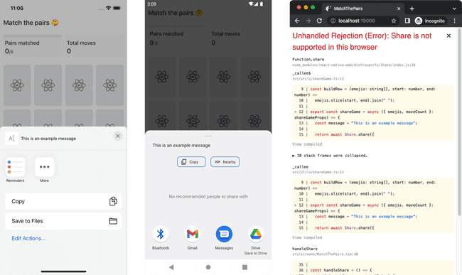 Share dialogs on iOS and Android and an error message on the web